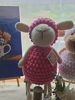 Handmade Pink Crochet Lamb Stuffed Animal Plush And Prayer Bears.